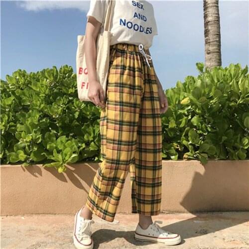 2019 Summer Japanese Style Women Yellow Pants Spring High Waist Tie Stripe Plaid Cotton Trousers Women Loose Wide Leg Pant
