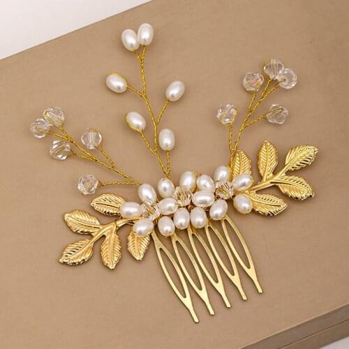 FORSEVEN Bridal Wedding Veil Hair Jewelry Gold Color Leaf Pearls Beads Hair Combs Headpieces for Women Girls Bride Noiva