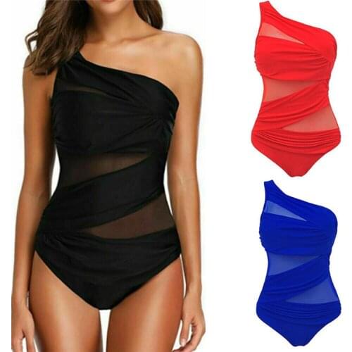 M-3XL 4XL Plus Size Swimsuits Women One Shoulder Slim Swimwear For Women Mesh Solid Black Red Blue Push Up Padded Bathing Suits