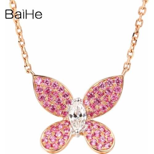 BAIHE Solid 18K Rose Gold H/SI-SI3 0.10ct Natural Diamond Engagement Trendy Fine Jewelry Beautiful butterfly Gift Necklaces