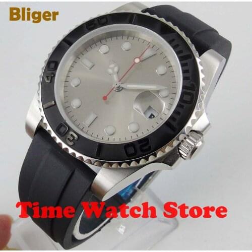 Bliger 40mm Miyota 8215 Automatic wrist watch men sapphire glass waterproof Grey dial luminous date magnifier ceramic bezel