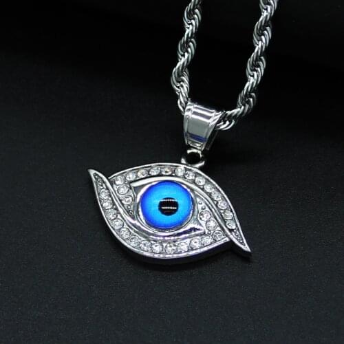 Hip Hop Iced Out Bling CZ Evil Eye Pendant Necklace Silver Color Stainless Steel Chains For Women Men Turkish Jewelry