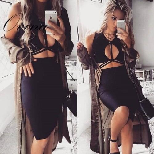 Black Fashion Women Sets V Neck Sleeveless Short Tops Knee Length Skirts Bandage Sets