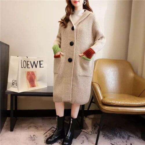 Cotday Long Single Breasted Women Winter Warm Sweaters Dark Grey Thick Knitted Coats With Hoodies Overszied Sweaters Cardigan s7