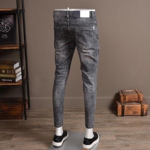 Summer Light Gray Ripped Hole Jeans Men Fashion Stretch Slim Fit Embroidery Denim Trousers Streetwear Casual Biker Pants