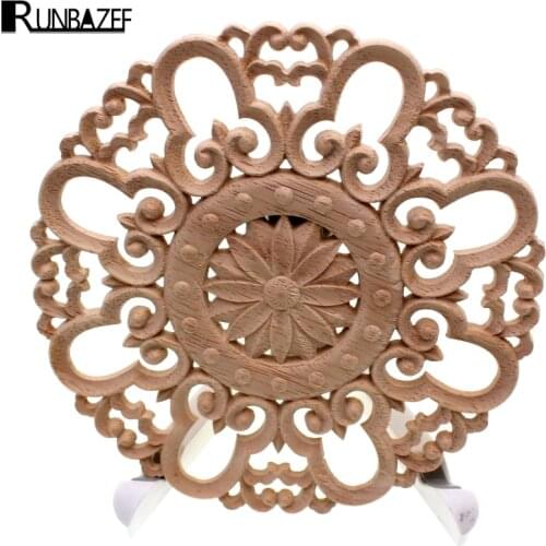 RUNBAZEF Rubber Wood Carved Round Applique Furniture Natural Unpainted for Home Decoration Accessories Vintage Craft Figurine