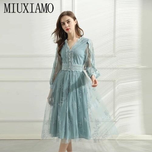 MIUXIMAO 2021 Spring Summer Embroidery Flower Full Sleeve V-neck Elegant Casual Lace Party Dress Women Vestidos