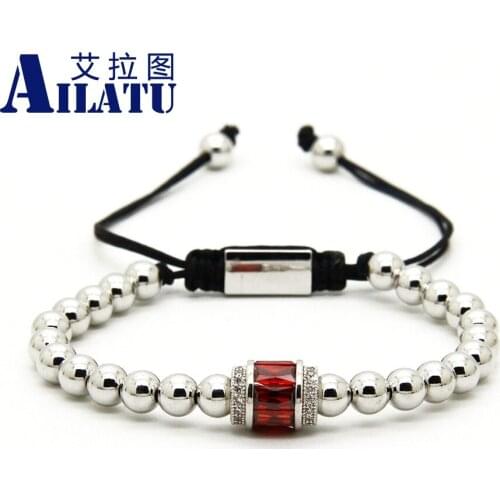 Ailatu Fashion Men Energy Jewelry Wholesale 6mm Good Quality Brass Beads with Big Hole Pink Red and Green Cz Braided Bracelets