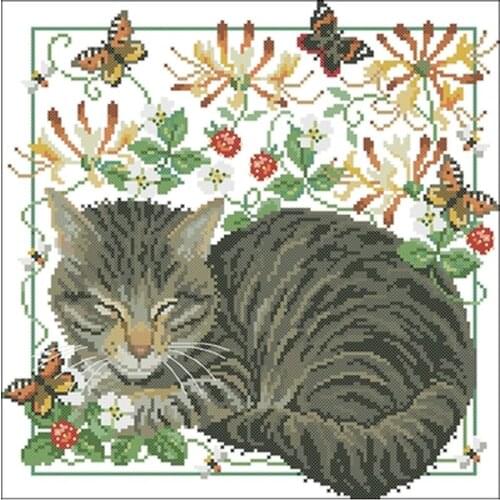Cat sleeping soundly in spring Counted Cross Stitch 11CT 14CT 18CT DIY Chinese Cross Stitch Kits Embroidery Needlework Sets