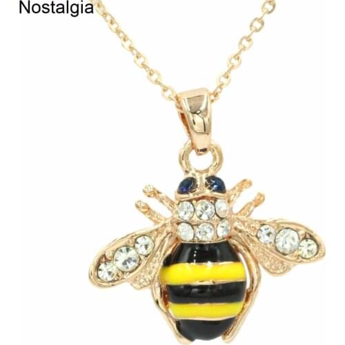 Nostalgia Crystal Bee Necklace Rhinestone Bumblebee Pendant Jewelry Black And Yellow Enamel Charms