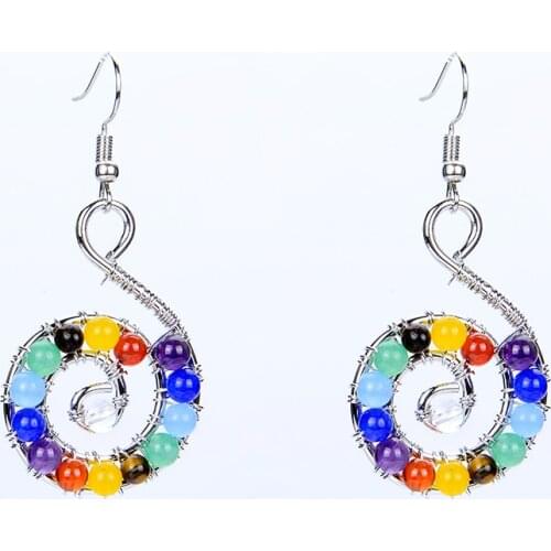New Silver Plated 7 Mix Chakra Healing Gem Stone Beads Balancing Energy Charm Jewelry Spiral Swirl Dangle Hook Womens Earrings