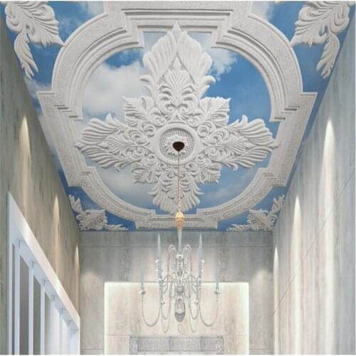 Beibehang Custom wall paper 3d white European carved blue sky white clouds ceiling ceiling murals background