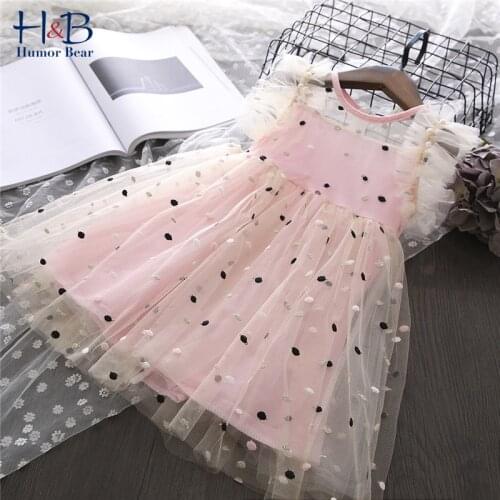Humor Bear Girls Dress Summer Sleeveless Embroidery printed New Sweet Party Mesh Patchwork Princess Dress Kids Clothes