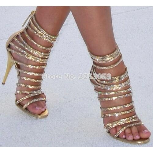 Luxurious Bling Bling Gold Crystal Sandals Thin Strappy Gladiator Sandal Shoes Stiletto Heel Wedding Pump Rhinestone Cage Sandal