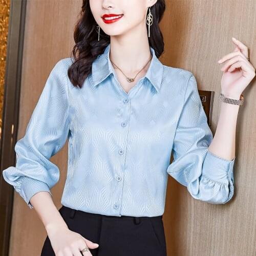 Silk Jacquard Womens Shirt Solid Blouses for Women Satin Button Up Clothing Women Polo Neck Long Sleeve Top Female Basic Shirts