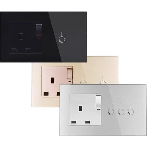 UK Standard Wall Power Socket 13A 1/2 Gang 1 Way Touch Light Switch Tempered Crystal Glass Panel Wall Socket Plug Power Outlet