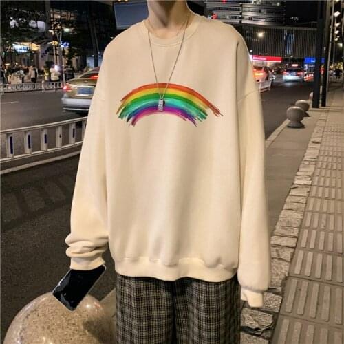 Hoodies Men Rainbow Striped Plus Size 3XL Plus Velvet Thickening Korean Style Simple Looose Casual Daily All-match Retro Ins New