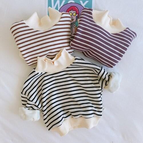 Girls Striped Tops 2021 Spring Autumn and Winter New Baby Small Half High Collar Warm Sweatshirt Korean Cotton Striped Pullovers