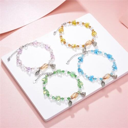 Trendy Charms Bracelet & Bangle with Love Flower Beads Bracelets for Women Girls Wedding Crystal Gift Jewelry 4 Colors 19cm B395