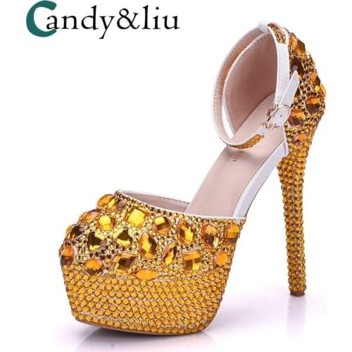 Party Pumps 14 cm sandal Gold crystal Rinestone round head waterproof table sandal stage annual auto show shoe wedding