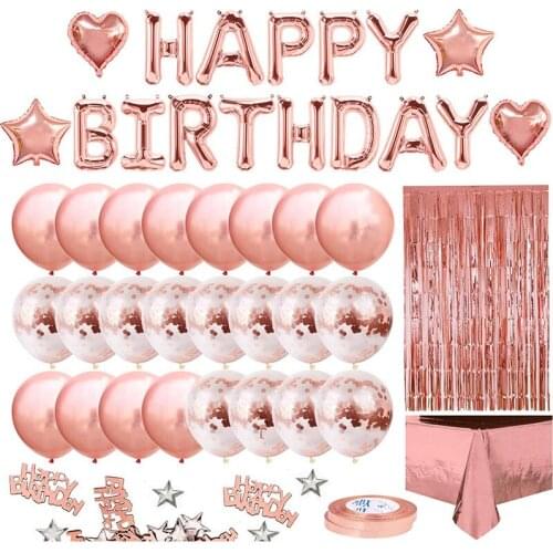 Rose gold birthday party decoration, happy birthday banner, rose gold tassel curtain aluminum foil tablecloth, girl women party