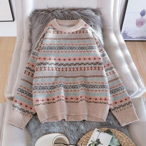 Urifens Retro Diamond Pattern Womens Pullover 2021 Autumn And Winter New Loose Lazy Thick Round Neck Knitted Sweater CS4757