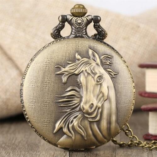 Vintage Bronze Pocket Watch Quartz Retro Horse Full Hunter Pendant Watch with Fob Necklace Chain Best Gift for Men Women reloj