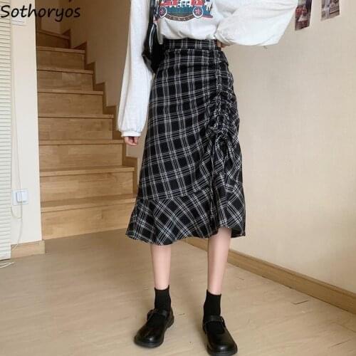 Skirts Women Plaid High Waist Shirring Korean Style All-match Simple Fashionable Vintage A-line Casual Streetwear Slim Retro Ins