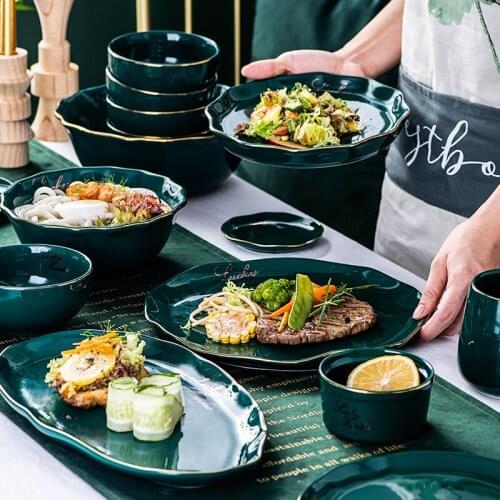 RHE Green Phnom Penh Ceramic Plate Set Kitchen restaurant steak tray Ceramic dishes Cup Ceramic Spoon Dishes set