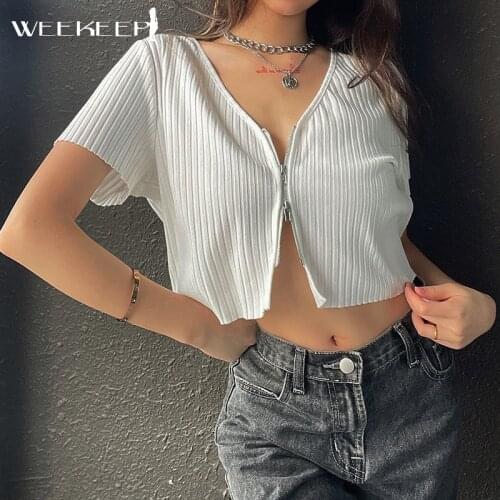 Weekeep Solid Zipper Cardigan T-Shirt Women Short Sleeve Baggy Crop Tops Summer Y2k Aesthetic Tee Harajuku 90s Casual Streetwear