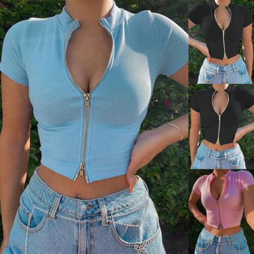 2021 New Womens Rib Knit Crop Tops, Short Sleeve Mock Neck Zip Up Solid Color Slim Fit T-Shirts