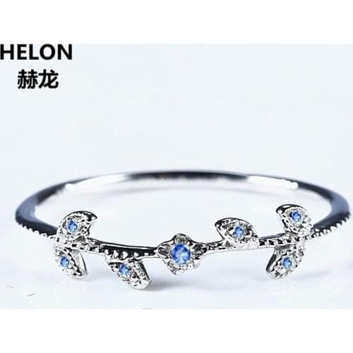 Solid 14k White Gold Natural Sapphires Women Girl Engagement Ring Promise Wedding Band Art Nouveau Millgrain Fine Jewelry