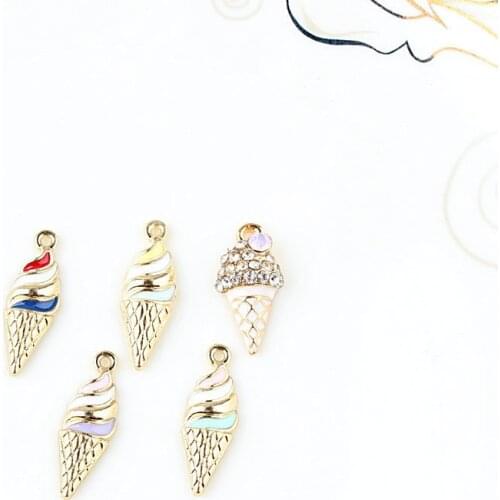 10PCS/Lot Fashion Jewelry Enamel Metal Alloy Ice Cream DIY Jewelry Bracelet Charms Gold Color Tone Necklace Floating Charm