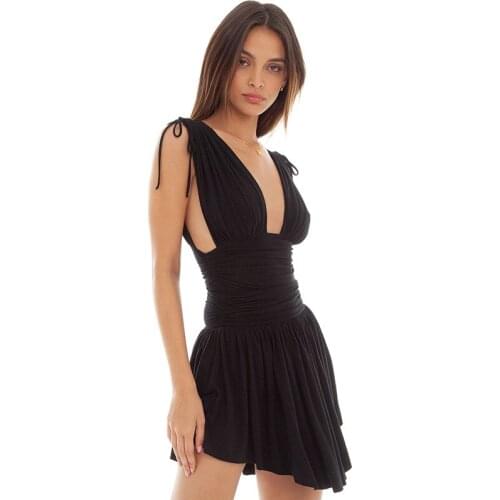 2021 Women Sexy Sleeveless Garment V-Neck Ruched One-Piece Pure Color Pleated Lace Hollow Party Clothes Irregular Tie Up Dress