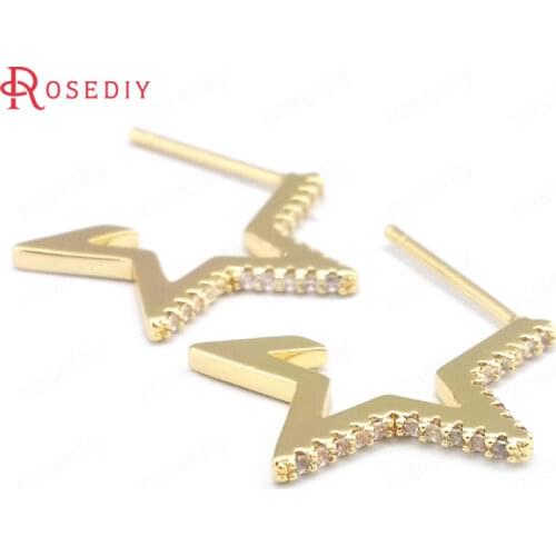 39643)4PCS 24K Gold Color Brass and Zircon Star Stud Earrings Pins Earrings Jewelry Making Supplies Diy Findings Accessories