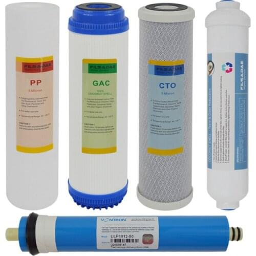 50GPD Complete Replacement Filter Set For 5-stage Reverse Osmosis Water Filter System Stage 1-5(PP, GAC, CTO, RO Membrane, T33)