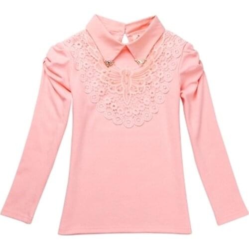 School Girls Blouse Shirts New 2018 Spring Fashion Kids Solid Turn-Down Lace Flower Blouses High Quality Children Cotton Clothes