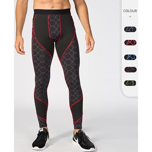 Mens Pants Printing Stitching Elastic Tights Quick Dry Long Sweatpants Sport Tights Running Workout Gym Trousers Fitness Suit