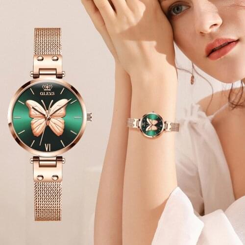 OLEVS Women Watches Top Luxury Rose Gold Vivid Butterfly Watch Women Quartz Wirst Watch Ladies Stainless Steel relogio feminino