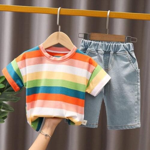 Children Suit Summer Baby Boys Girls Strips Rainbow T Shirt Short Jeans 2Pcs/Sets Kids Infant Fashion Clothes Toddler Sportswear