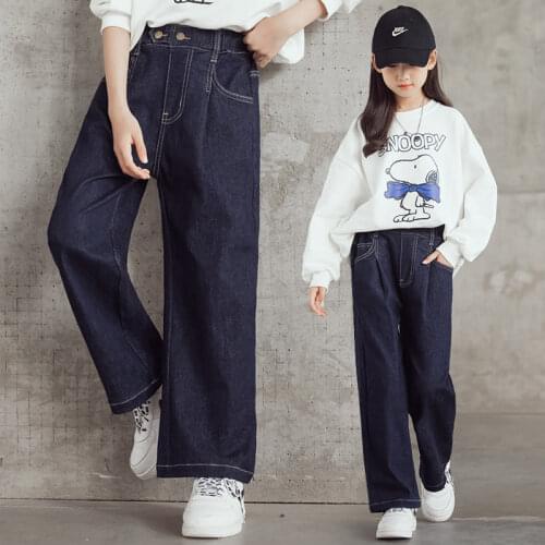 Girls Denim Wide Leg Pants Solid Color Dark Blue Jeans For Girls Casual Style Children Loose Autumn Childrens Clothes 4-14Years
