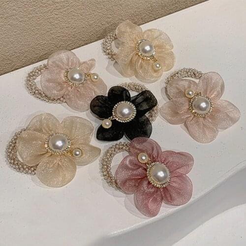 Camellia Flower Pearl Elastic Hair Band For Women Lace Hair Ties Korean Hair Accessories For Girls Hair Rubber Band