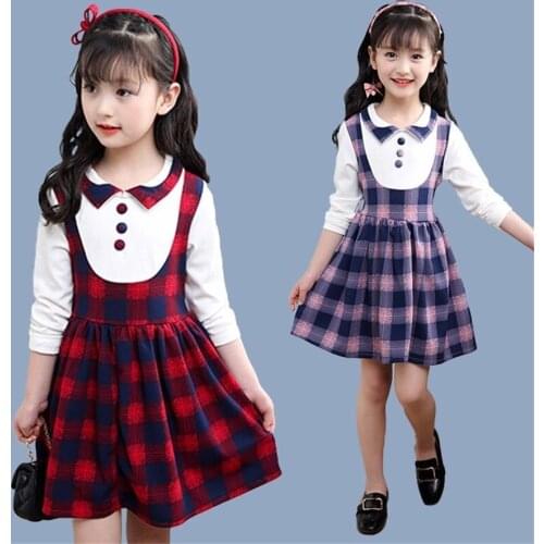 2020 Elegant Girls Casual Long Sleeve Plaid Shirt Dress Fashion Teenager Blouse Dresses 4 5 6 7 8 9 10 11 12 13 Years