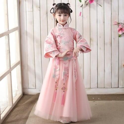 Lace Embroidery Pink Girl dress Birthday Party Dress For Wedding Gown Chinese New Years Dress chinese qipao kids 2020