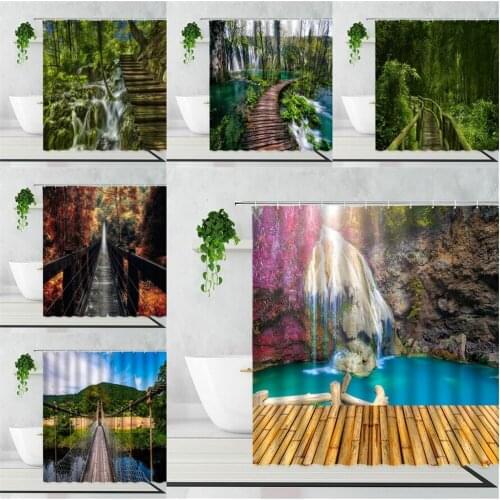 Forest Scenery Shower Curtain Corridor Waterfall Green Jungle Home Decoration Background Bath Curtains Set Waterproof With Hooks