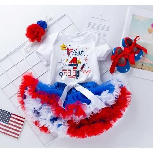 Toddler Summer 4Pcs Newborn Baby Girls American Flag July 4th Bodysuit Headband Outfits Short Sleeve Holiday Clothes Infant Kids