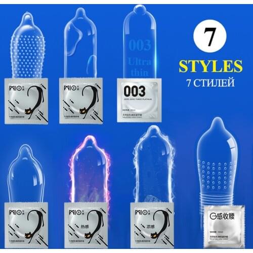 MIO 7 Styles Condoms Ice Fire Natural Latex Particle Dotted Ultra Thin Random Style Penis Sleeve Intimate Goods Sex Toy for Men