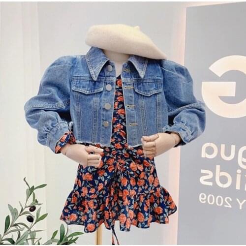 Girls Fashion Puff Sleeve Denim Jacket Princess Dress Two Piece Set