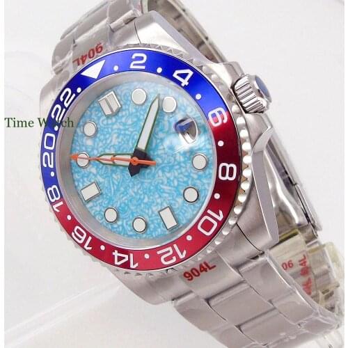 40mm Japan NH35 Movement Sapphire Mens Automatic Watch Cyan-Blue Dial 904L Oyster Bracelet Glide Lock Date Cyclops Green Lume