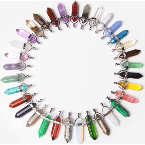 Natural Stone Quartz Agat Bullet Hexagon Point Pendulum Column Reiki Healing Chakra Pendants Charm For Necklace Jewelry 13*40MM